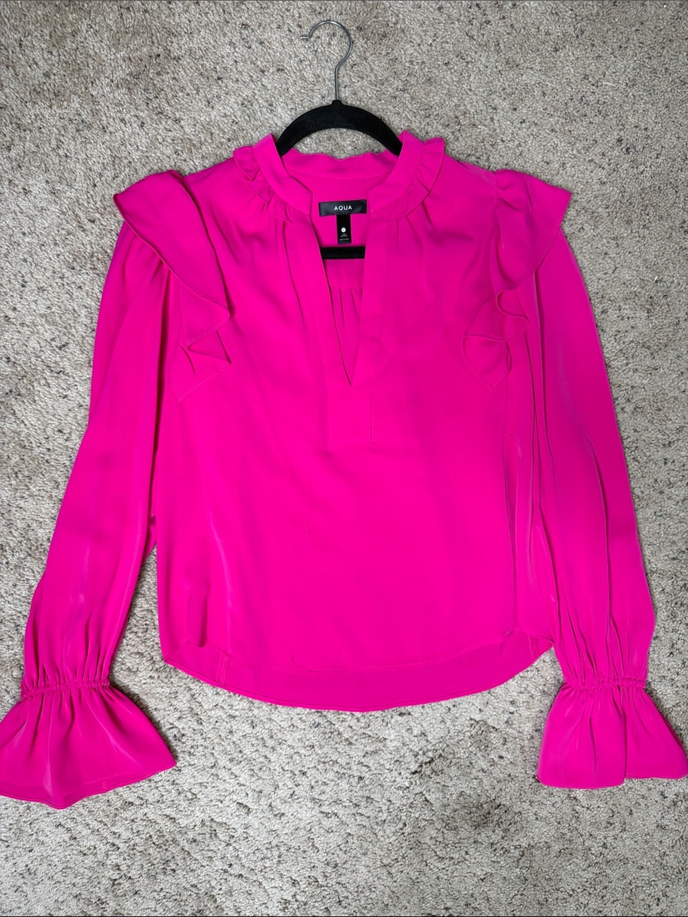 Aqua Vibrant Hot Pink Ruffle-Shoulder Long Sleeve Blouse S